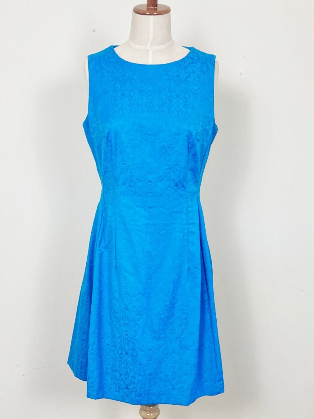 Turquoise blue Damask sleeveless fitted a-line dress